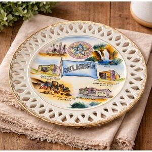 Vintage Oklahoma Souvenir Porcelain Plate Pierced Rim Gold Trim State Landmarks
